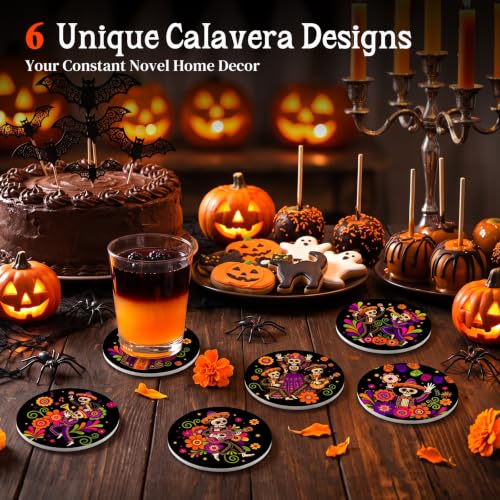 Multicolor Day of the Dead Ceramic Coasters Set of 6 with Holder - Mexican Sugar Skull Decor