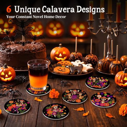 Multicolor Day of the Dead Ceramic Coasters Set of 6 with Holder - Mexican Sugar Skull Decor