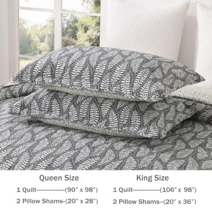 Homzard Queen Size Cotton Quilt Set with Fern Leaf Botanical Design - Gray, 10gray/White