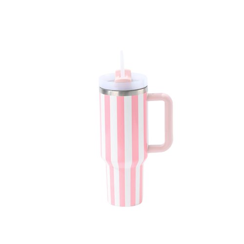 40 oz Traveler - Stripe Water Bottle with Handle & Flip Straw - Fits in Cup Holder, Leak Resistant Tumbler-Reusable Insulated Stainless Steel & Rubber Base - Gifts for Women & Men（Pink&White）