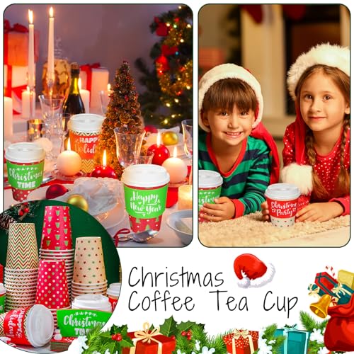 Zhehao 160 Sets/ 480 Pcs Disposable Coffee Cups Christmas Paper Cups with Lids and Sleeves for Cold Drink Tea Hot Cocoa Chocolate Holiday Xmas Party Supplies, 4 Designs (Pretty Style, 16 oz)