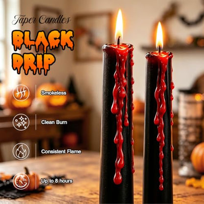 Black Bleeding Taper Candles 12 Pack - 10 Inch Halloween Gothic Decor - Variation of THIS listing