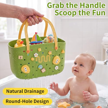 Green Bathtub Toy Storage Basket with Hooks Handles and Quick Drain