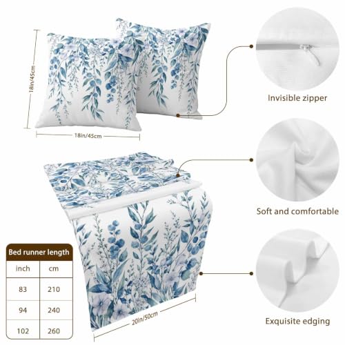 83 x 20 Inch Blue Eucalyptus Bed Runner Set with 2 Pillow Covers - Queen Size