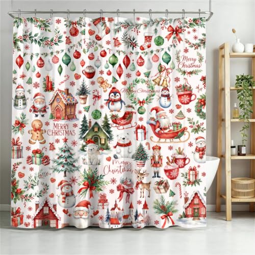 Christmas Shower Curtain Set with Hooks - 72 x 84 Inch Water-Resistant Polyester
