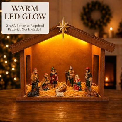 Lighted Wooden Nativity Set with Resin Figures - 11 Piece Christmas Decoration