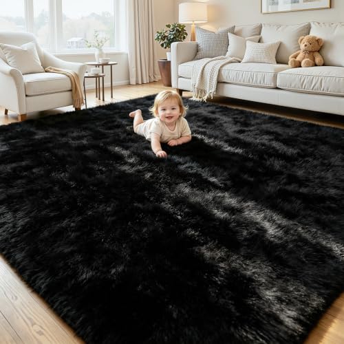 Black 8x10 Area Rug for Living Room & Bedroom Soft Fluffy Fuzzy Fur Shag