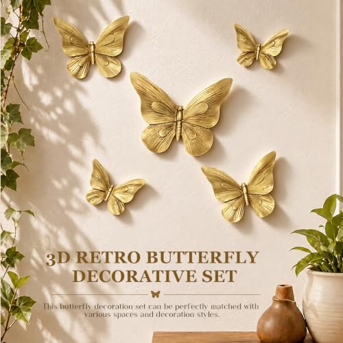 Kathfly 5 Pcs Gold Resin Butterfly Wall Decor Set with Variations