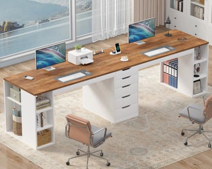 Brown and White 95 Inch 2 Person Desk with 5 Drawers & Outlets for Home Office