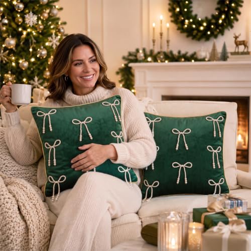 Dark Green Velvet Christmas Throw Pillow Covers with Pearl Bow Set - 18x18 Inches