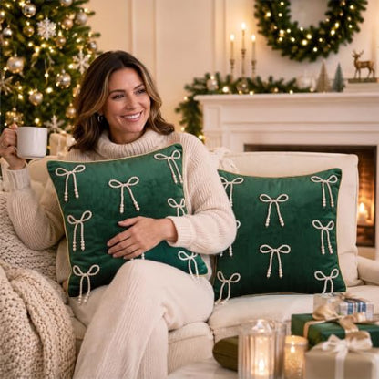 Dark Green Velvet Christmas Throw Pillow Covers with Pearl Bow Set - 18x18 Inches