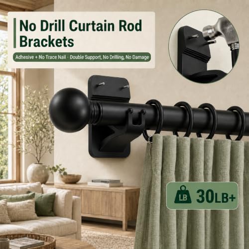 Black 8-Pack No Drill Curtain Rod Brackets with 30 lb Support - Dual-Lock Hooks