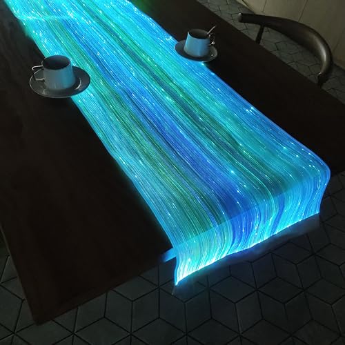 LED Light Up Coffee Table Runner - White Fiber Optic Fabric for Party & Wedding