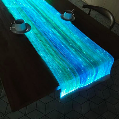 LED Light Up Coffee Table Runner - White Fiber Optic Fabric for Party & Wedding