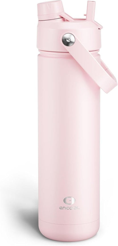 ENCOOL Insulated Water Bottle - Leak-Proof Stainless Steel with Straw | Keeps Drinks Cold for 24 Hours (26 oz, Cotton Candy)