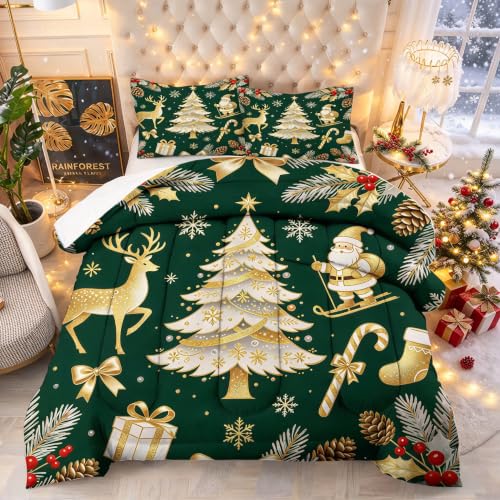 Christmas Comforter Set Queen Size - Gold Reindeer Tree Bedding 3 Pcs - Holiday Bedding