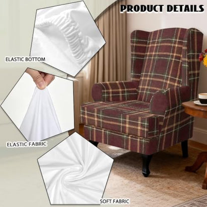 Brown Plaid Wingback Armchair Cover 2-Piece Stretch Protector - LACIYISON