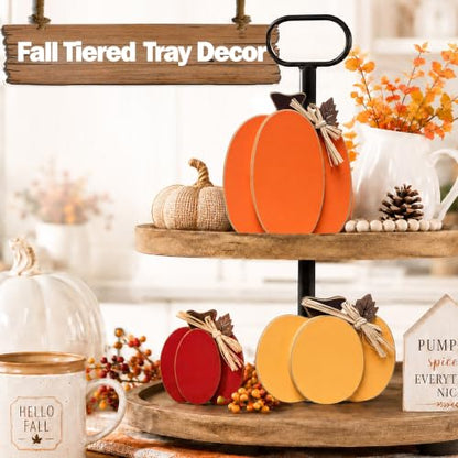 Wooden Pumpkin Fall Decor Set - 3 Rustic Indoor Pumpkins Rich Red Orange Yellow