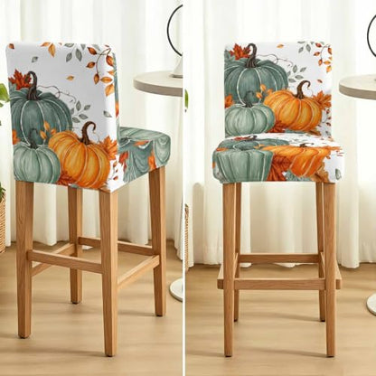 White Green Orange Fall Bar Stool Covers Set of 4 with Back, Thanksgiving Pumpkin Decor