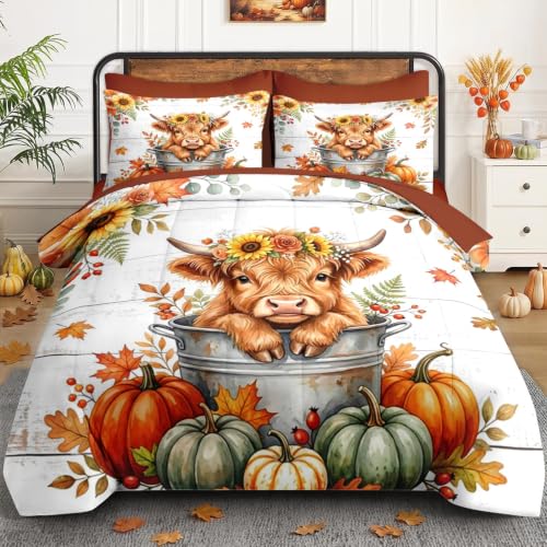 Queen Size Fall Comforter Set Sunflower Cow Bedding Soft Cozy 7 Pieces
