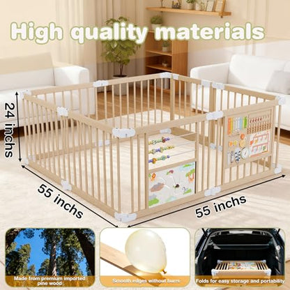 Foldable Wooden Baby Playpen 55x55x24 Inches with Activity Boards & Toy Set