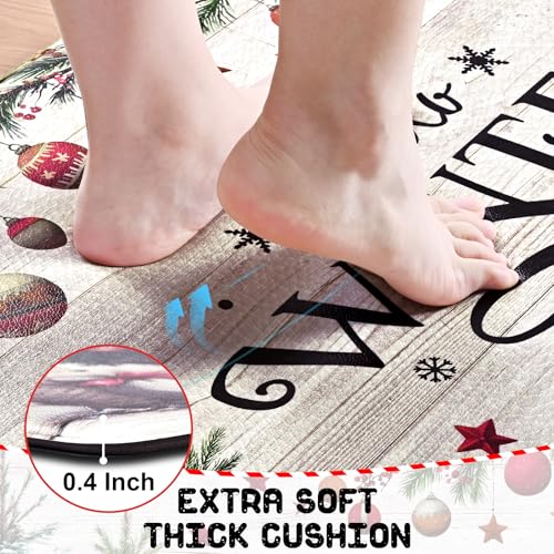 Christmas Kitchen Mat Set - White, Anti-Fatigue Waterproof Rugs, 17.3x30 + 17.3x47 Inches
