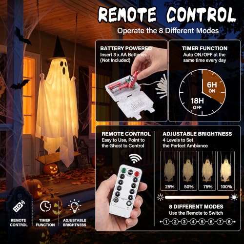 Halloween Outdoor Swinging Ghost Decor - 5.1FT Spooky Hanging Ghost with Lights