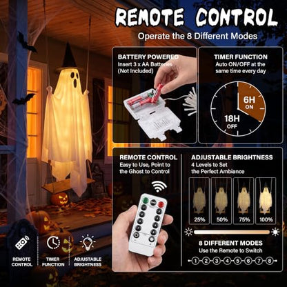 Halloween Outdoor Swinging Ghost Decor - 5.1FT Spooky Hanging Ghost with Lights