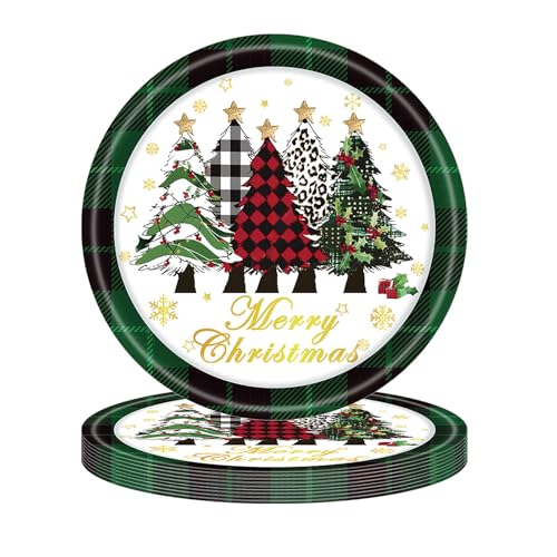 Christmas Green Plaid Paper Plates Set of 24 - Holiday Disposable Dinnerware