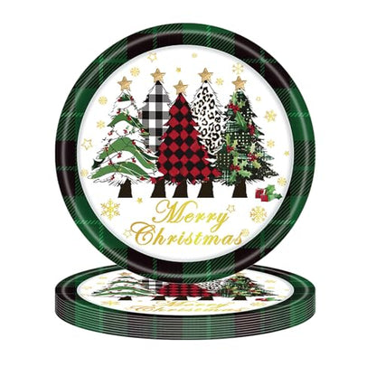 Christmas Green Plaid Paper Plates Set of 24 - Holiday Disposable Dinnerware