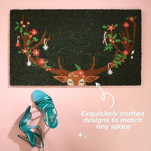 Reindeer Christmas Door Mat - 16 x 28 Inches Natural Coir Rug, Rustic Holiday Decor