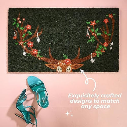 Reindeer Christmas Door Mat - 16 x 28 Inches Natural Coir Rug, Rustic Holiday Decor