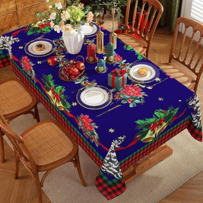 Blue Christmas Tablecloth 60x140 Inch Rectangular Poinsettia Plaid Washable Spillproof
