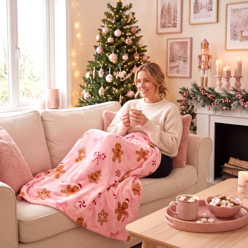 Pink Gingerbread Man Throw Blanket - 50x60 Fuzzy Flannel Xmas Decor