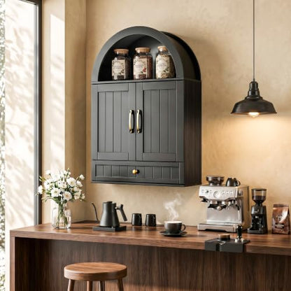 Farmhouse Wall Cabinet with Drawer - 34.7 x 23.6 x 8.4 Inches, Black Arched Bathroom Storage