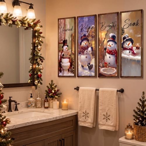 Christmas Snowman Bathroom Wall Decor Set - 4 Pcs Holiday Wall Signs - Unwind, Relax, Breathe