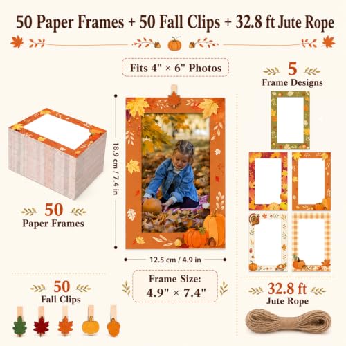 Fall Paper Photo Frames 4x6 with Clips & String - Thanksgiving Decor