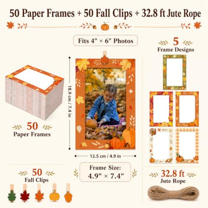 Fall Paper Photo Frames 4x6 with Clips & String - Thanksgiving Decor