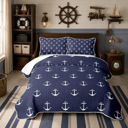Navy Blue Nautical Anchor Full Quilt Set with Pillow Shams - Ocean Sailboat Microfiber Bedding