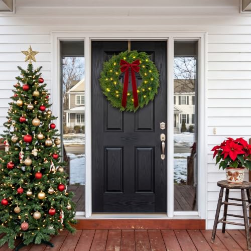 Pre-Lit Christmas Wreath 22 Inch with Red Velvet Bow - Green & Red