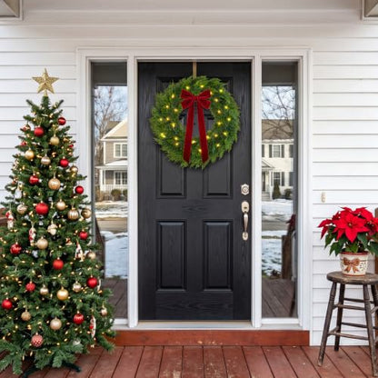 Pre-Lit Christmas Wreath 22 Inch with Red Velvet Bow - Green & Red