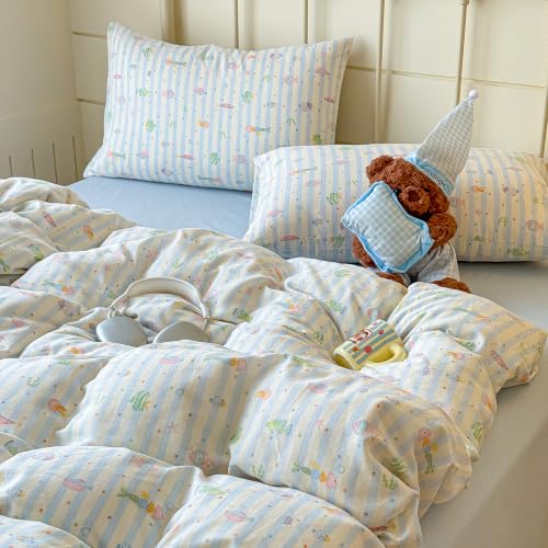 Kids Fish Duvet Cover Set Muslin Cotton Twin Blue Striped 4 Piece