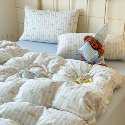 Kids Fish Duvet Cover Set Muslin Cotton Twin Blue Striped 4 Piece