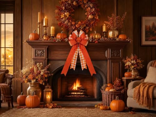 2PCS Fall Orange Burlap Ribbon Bows for Wreaths Halloween Thanksgiving Autumn Decor - Variation of 2pcs-m-fine Linen Fall Bows