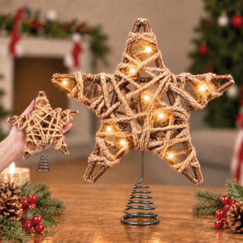 6 Inch Rustic Christmas Tree Topper with LED Light - Farmhouse Star Decor