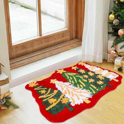 Christmas Bath Mat with Tree Pattern Non-Slip Microfiber Rug - Red Green White