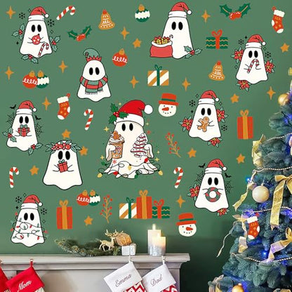 Self-Adhesive Christmas Ghost Window Clings - Style 8, Holiday Decor, 6 Sheets