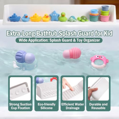 Silicone Bathtub Splash Guard with Suction Cups - Water Spill Protector, 2.6ft White