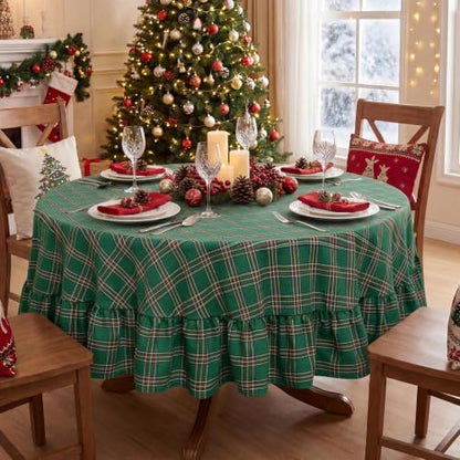 Romanstile Christmas Green Plaid Ruffled Round Tablecloth 70 Inch - Holiday Decor