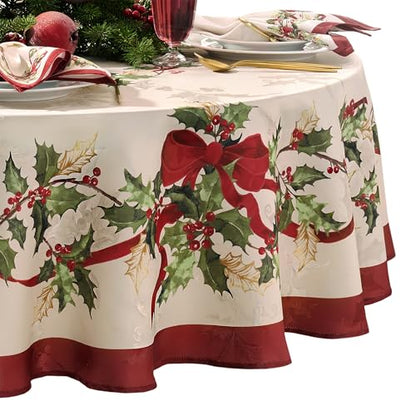 Holiday Christmas Tablecloth 60x84 Inches Red Holly Garland Damask